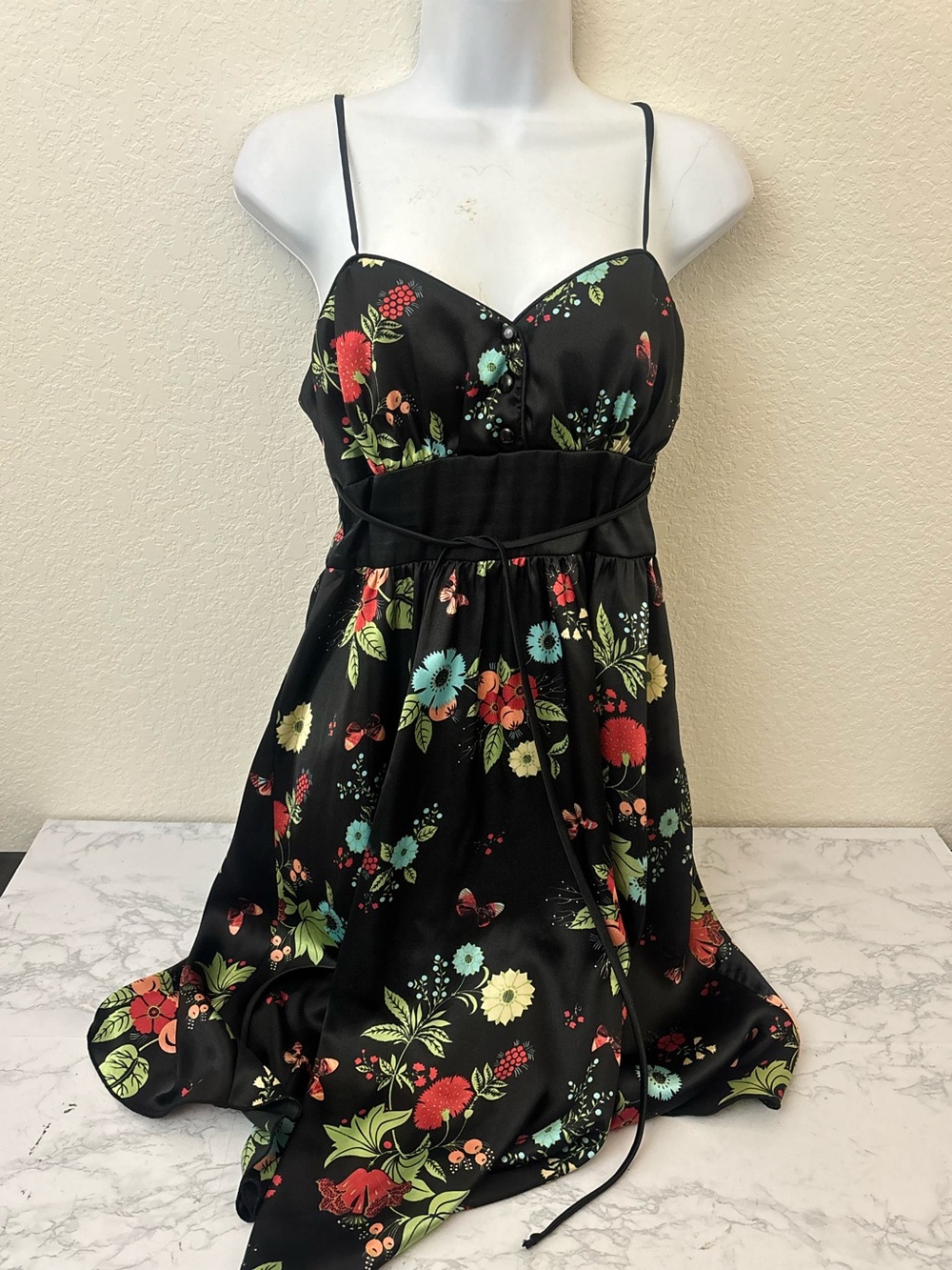 My Michelle Women's Black Floral Print Spaghetti Strap Y2K Dress Sz 5/6